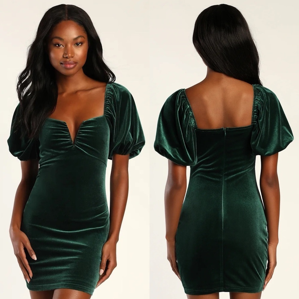New Lulus Move Maker Emerald Green Velvet Puff Sleeve Bodycon Mini Dress Small